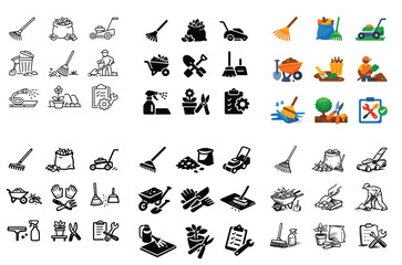 Obraz premium Gardening and landscaping design icons with rake, lawn mower and garden tools for print material in outline style