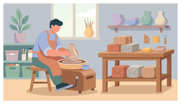 Pottery studio illustration with spinning wheel natural clay blocks workbench shelves for mindful craft practice in minimalist pastel style