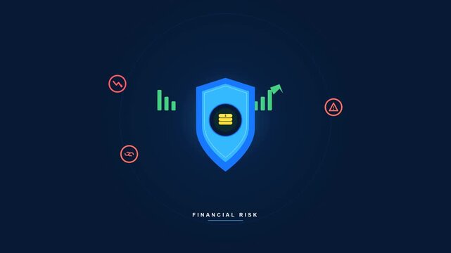 Premium clean vector animation showing a blue financial shield protecting gold assets from approaching market risks. A risk projectile is deflected by the shield, ensuring financial stability indicate