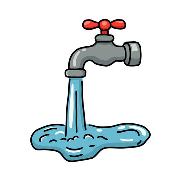 Cartoon Illustration of Running Water Faucet