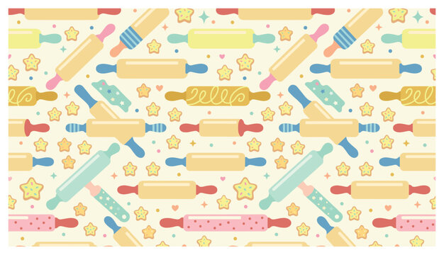 Baking seamless pattern with cute rolling pins and star cookies for kitchen textiles in playful flat pastel style