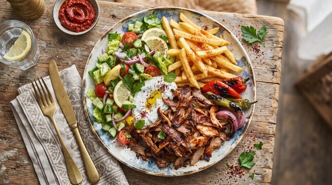 Doner kebab plate with roasted meat, golden fries, fresh salad, grilled vegetables and creamy yogurt sauce.