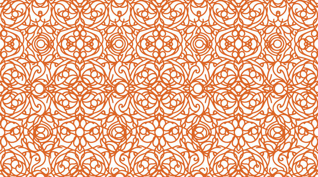 Intricate geometric arabesque pattern with symmetrical floral motifs in warm terracotta and cream tones