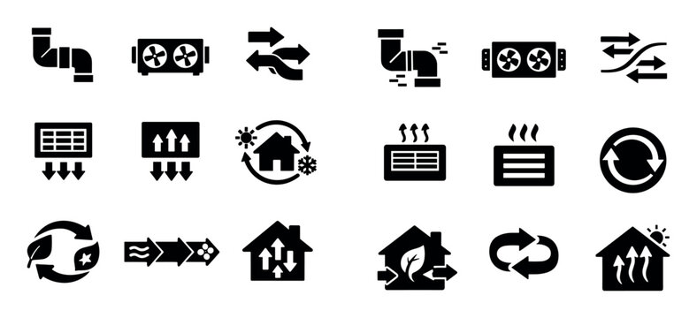 Air recuperation and ventilation icon set with ventilation unit airflow channels and exhaust vents for presentation design in solid style