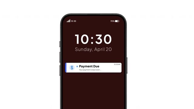 Payment Due Notification Animation on Smartphone Lock Screen for Bill Reminder, Mobile Banking and Financial Alert
