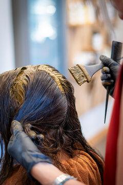 Application d'une coloration v&eacute;g&eacute;tale bio sur des cheveux au pinceau dans un salon de coiffure
