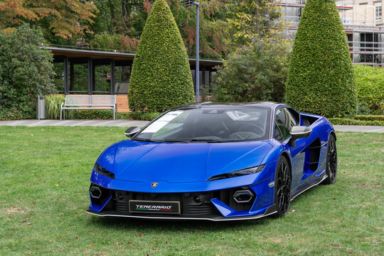 Mondorf-les-Bains, Luxembourg - September 13th 2026 : View on a blue Lamborghini Temerario finished in Blu Nethuns parked on a lawn.