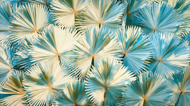 Dried palm leaves with blue and beige tones create textured natural pattern with soft lighting