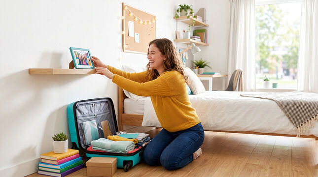 College Student Unpacking in New University Dorm Room