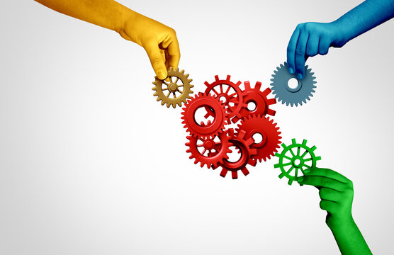 Teamwork Collaboration and Partnership Synergy as a three Person Team to connect as a group concept and unity or trio idea as a business metaphor for joining trilateral diverse people connected togeth
