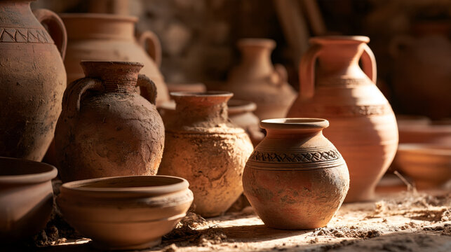Sunlit terracotta pottery and clay jars displayed as rustic handmade vessels in a traditional workshop