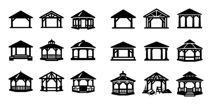 Architectural gazebo and built form icon set with open sides, symmetrical form and design detail for print design in doodle style