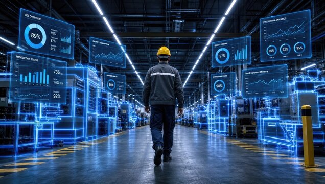 Smart factory worker walking through automated manufacturing floor with digital holographic interfaces displaying real time production analytics and oee metrics.