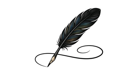 Detailed feather illustration with swirling line on a white background © Khuku