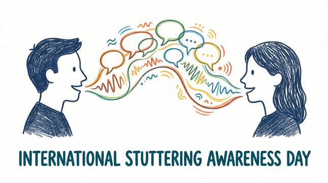International Stuttering Awareness Day Two People Profile Silhouettes Speech Bubbles Sound Waves Hand Drawn Illustration