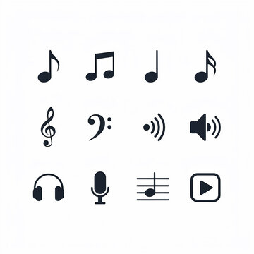 Set of twelve music and audio icons in black and white