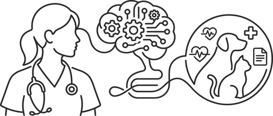 Fototapeta premium Line art illustration of a veterinarian analyzing animal health with artificial intelligence.