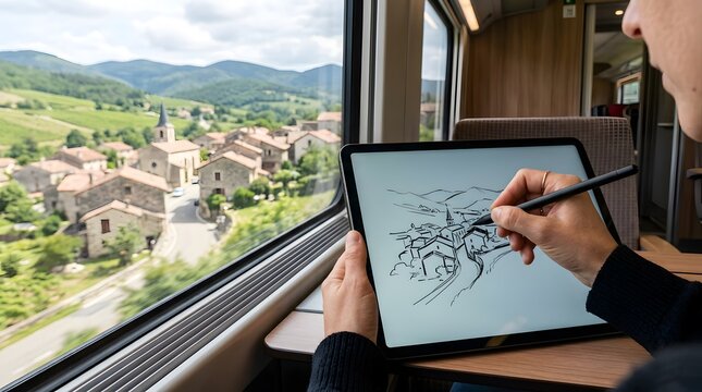 Passenger sketching landscape on tablet during train journey