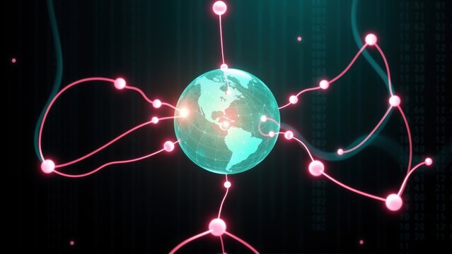 Globe connected via pink lines. Digital matrix background suggests global network, data streams, communication systems. Futuristic concept.