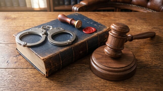Gavel, handcuffs, and law book on wooden table for legal and criminal justice concept