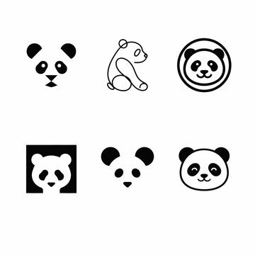 Set of cute panda vector icons and logo designs in black and white style