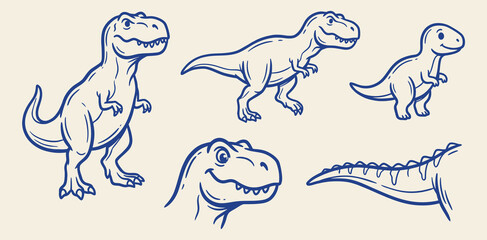 Hand drawn blue line vector set of tyrannosaurus rex dinosaurs in various poses on isolated background © Irfan