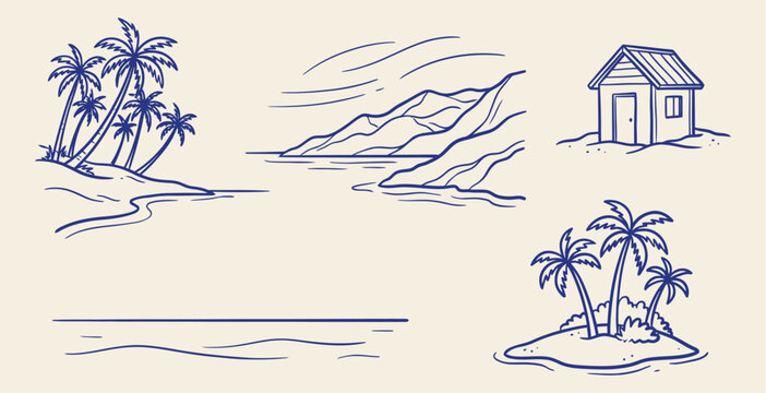 Hand drawn blue line vector set of tropical island, beach, palm trees, mountains, and coastal house