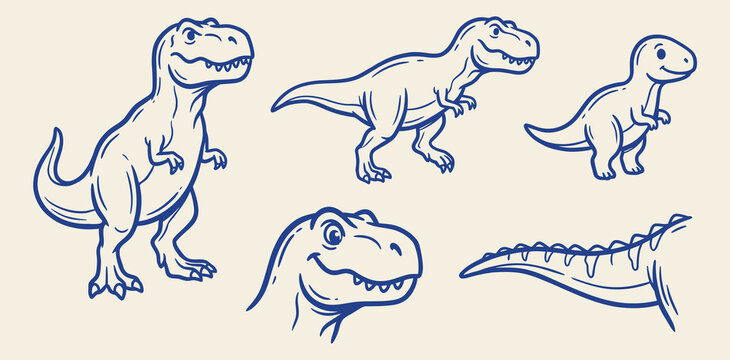 Hand drawn blue line vector set of tyrannosaurus rex dinosaurs in various poses on isolated background
