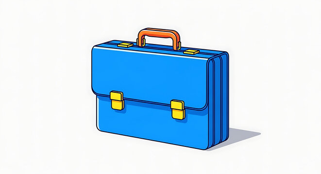 A blue professional briefcase with yellow latches and an orange handle isolated on white background with surface simple illustration