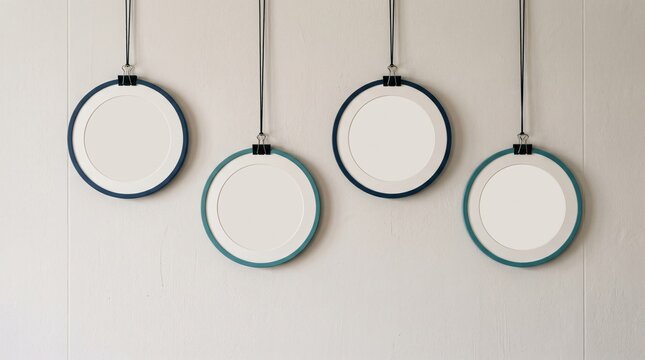 Empty Circular Frames: Four empty circular frames, each with a different colored border and hung by clips, await personalization, offering a clean canvas for creative display.