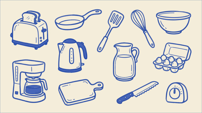 Hand drawn kitchen cookware utensils and appliance vector icon set