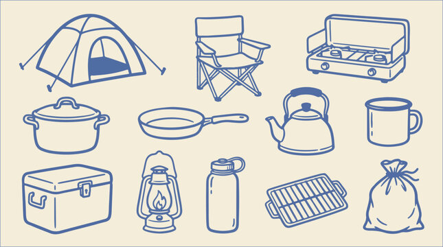 Hand drawn camping gear cookware tent and outdoor equipment icon set