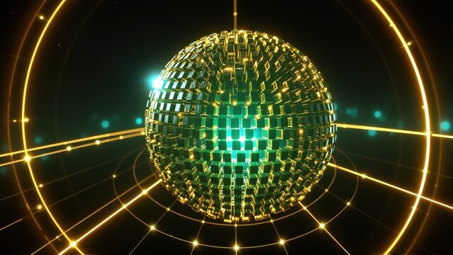 Bright disco ball dominates dark background. Golden lines radiate, creating futuristic effect. Green highlights add vibrant contrast.