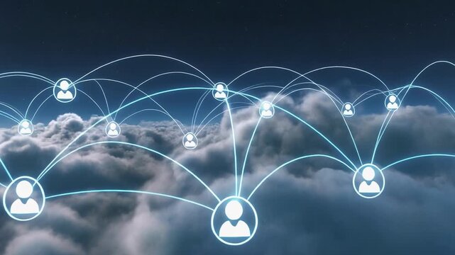 Digital network connections growing across cloud formations during twilight with glowing nodes