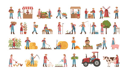 Naklejka premium Large set of cartoon farmers characters harvesting crops driving tractor milking cow and selling at local market
