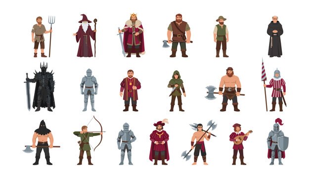 Large set of medieval fantasy characters including king knight wizard warrior archer executioner and bard isolated on white background