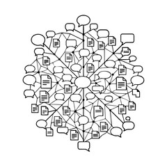 Obraz premium Global Knowledge Network and Enterprise Communication Vector Illustration | Data Exchange, Speech Bubbles, Document Sharing, and Information Hub Symbol Icon