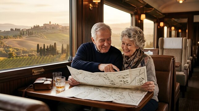 Senior couple looking at a map while traveling on a luxury train