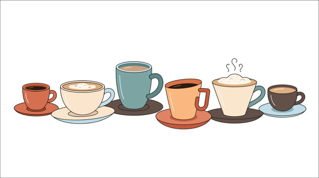Set of various coffee mugs and cups with steaming hot beverages