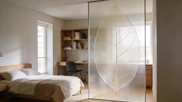 Modern bedroom with leaf-patterned glass partition and wooden furniture