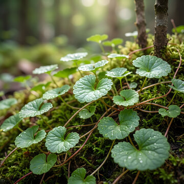 Fresh green Centella asiatica leaves with morning dew water drops in a fores