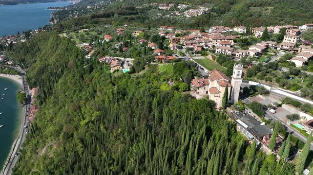 Aerial view of Lake Garda, Toscolano-Maderno, Chiesa dei Santi Faustino e Giovita - Monte Maderno, Province of Brescia, Lombardy, Italy