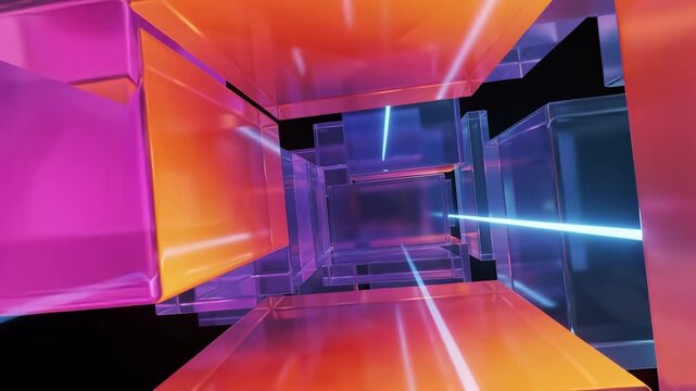 Colorful glass geometry with intersecting cubes and intense spectral reflections. Futuristic background with geometric glass forms and vibrant prismatic colors for creative visual projects. 3d render