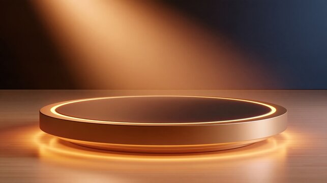 Circular motorized podium with warm glowing ring light on matte black surface, surrounded by soft golden ambient lighting and wood floor