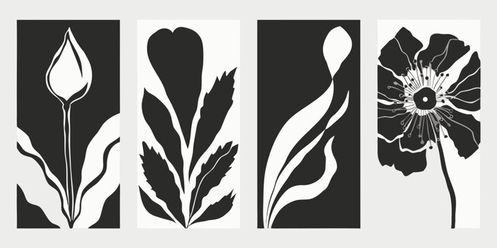 Dramatic black and white floral silhouettes arranged in a quadriptych