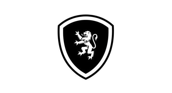 A black shield emblem featuring a white rampant lion silhouette centered against a white background with minimalist graphic design