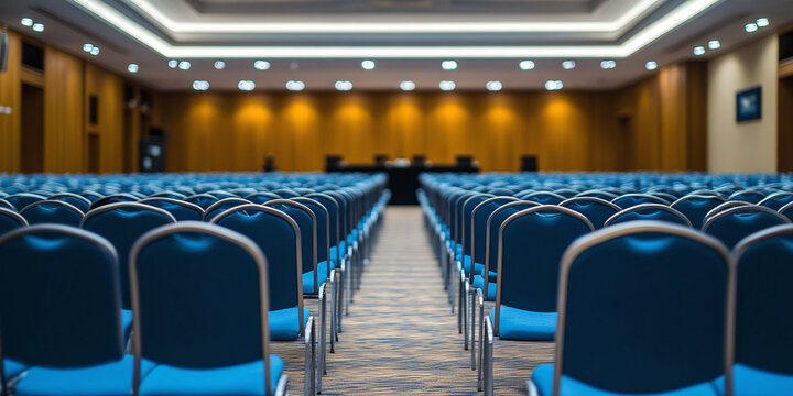 Empty conference hall with blue chairs rear view showcasing rows of empty seats in a modern auditorium setting ready for business meetings events presentations seminars or corporate gatherings interio