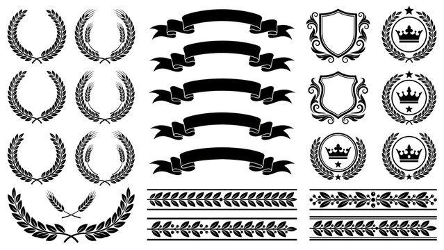 Heraldic crest emblems laurel wreaths and ribbon banners collection in black monochrome silhouette linear vector icon set for luxury certificate and royal logo