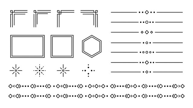Minimalist geometric line frames corner angles and divider borders set in clean black linear vector outline icon collection for modern editorial layout design