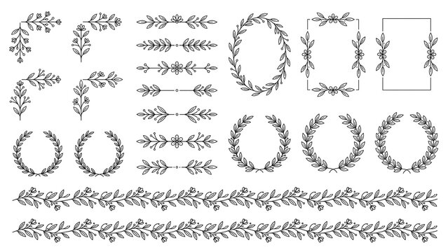 Botanical branch wreaths floral corners and leaf border dividers set in delicate black line art vector outline illustration for wedding invitation stationery